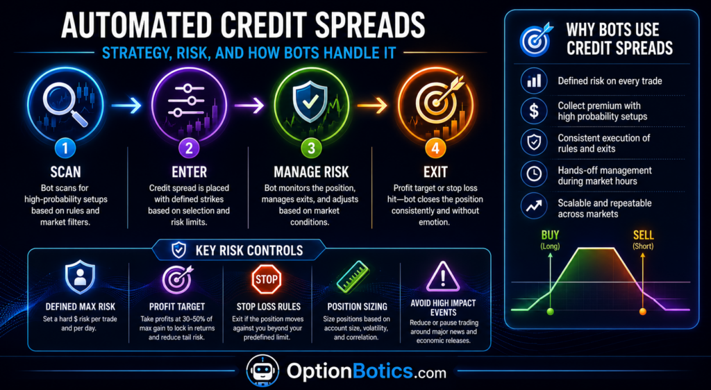 Automated credit spread workflow showing scan, entry, risk management, exits, and key controls