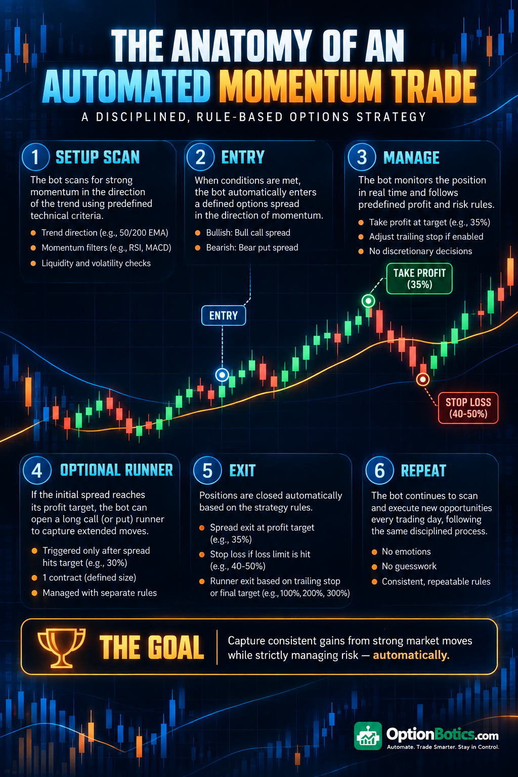 Anatomy of an automated momentum trade showing setup, entry, trade management, exit, and repeatable rule-based execution